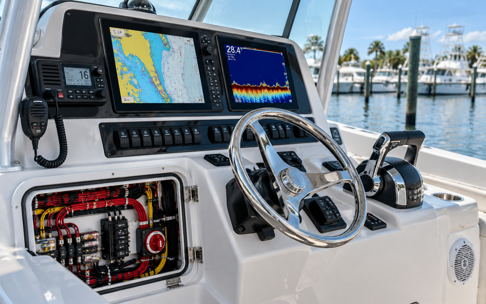 Modern boat helm with chartplotter, sonar, VHF radio and organized electrical wiring