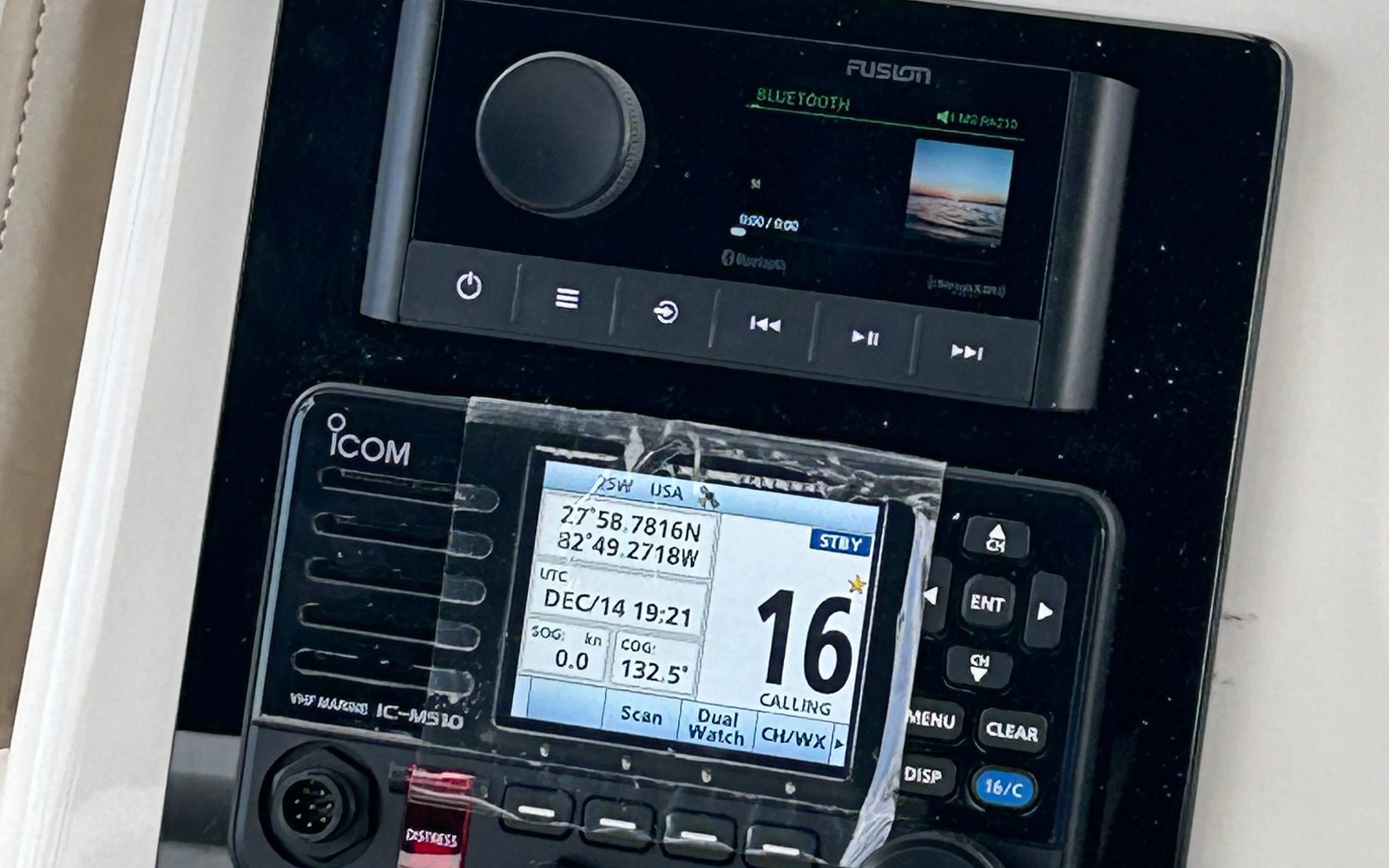 Finished Fusion audio and Icom VHF marine electronics installation