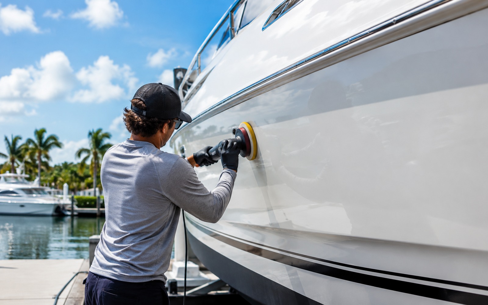 Marine technician machine-polishing a white boat hull at a marina