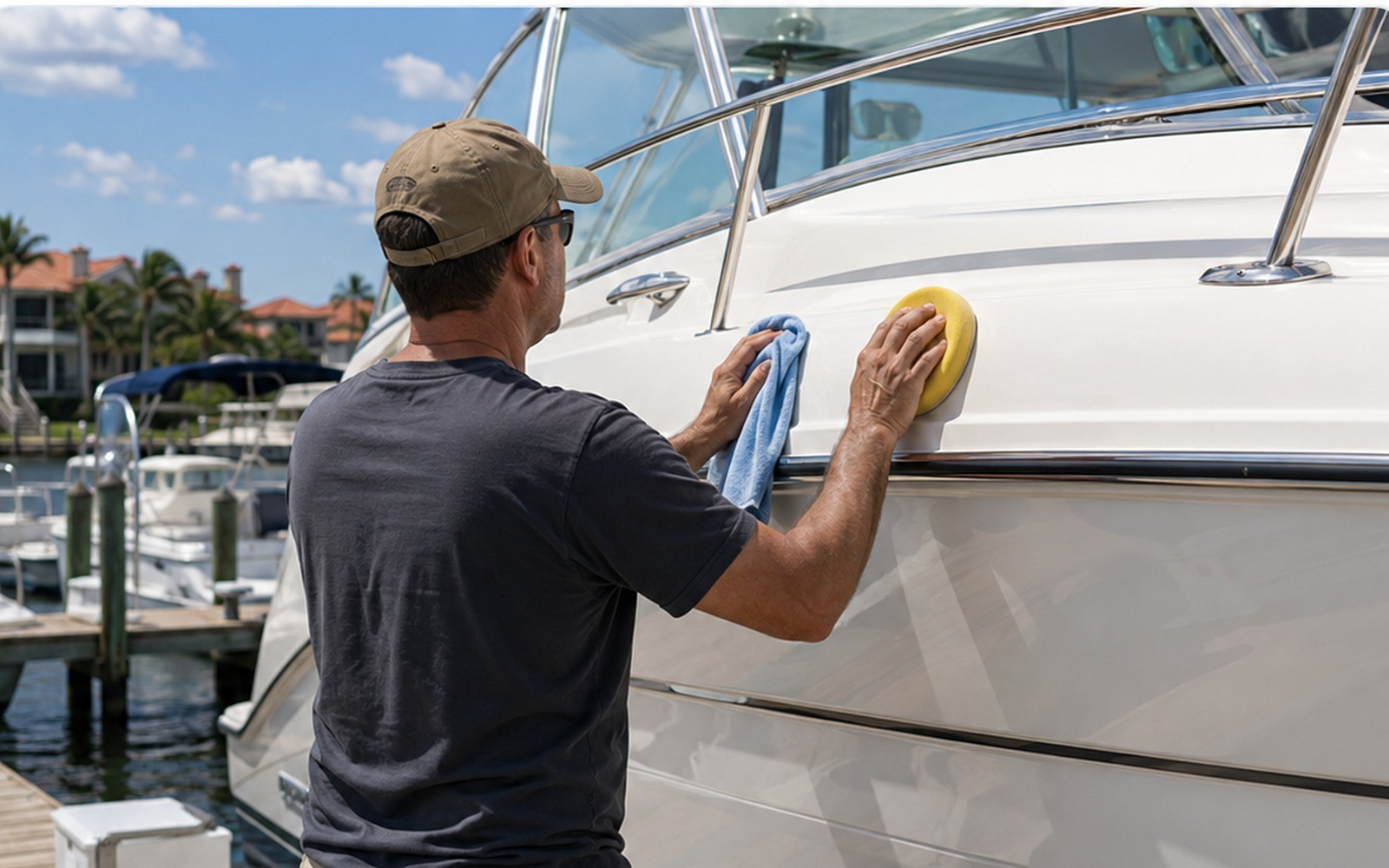 Marine technician polishing a white boat hull at a marina