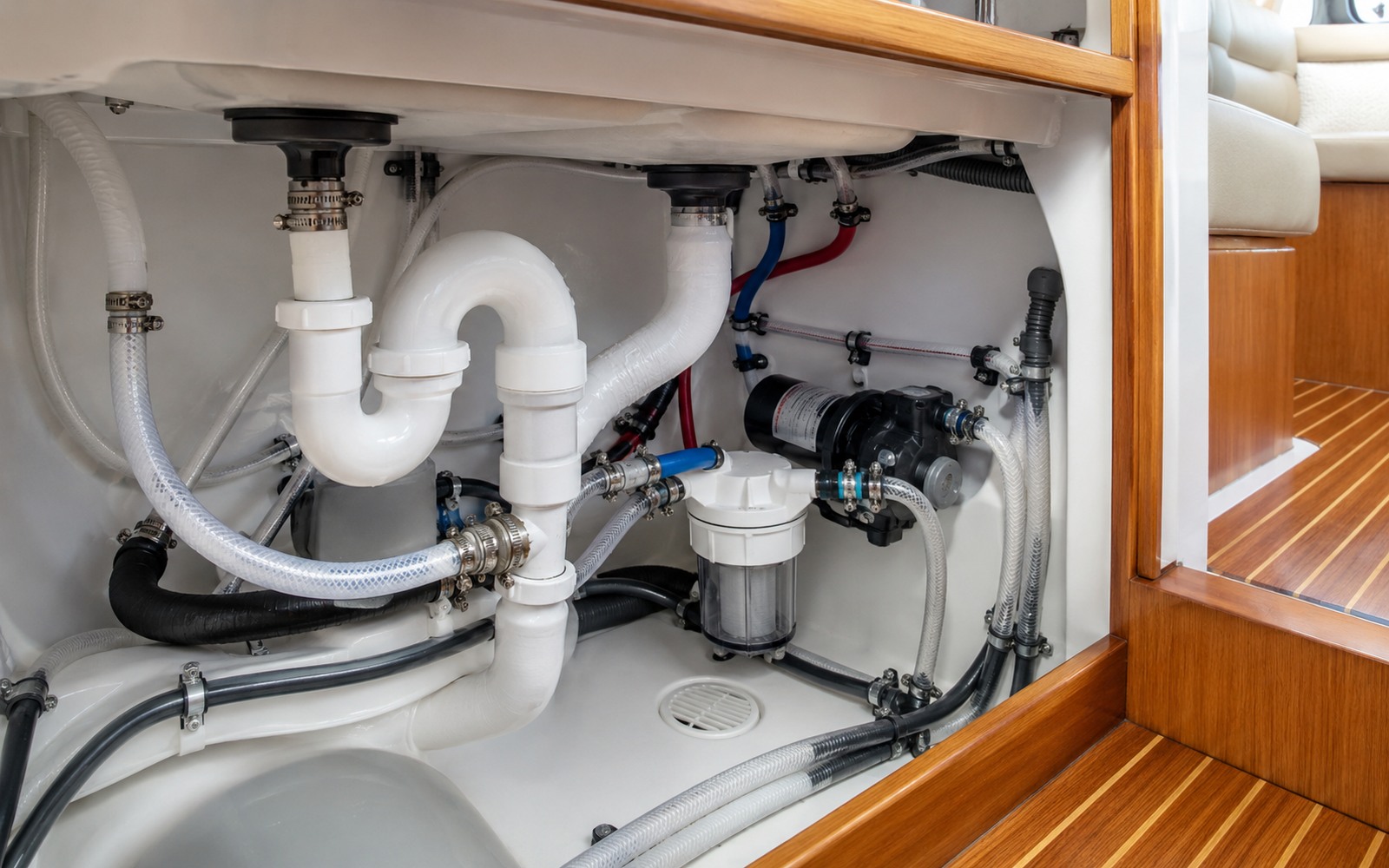 Under-sink marine plumbing repair with drain and supply lines visible